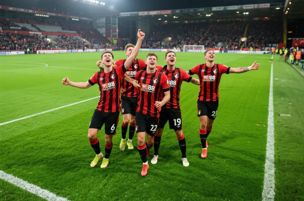 Professional soccer players in red and black striped jerseys celebrating an emotional victory on a lush green pitch, high-angle stadium shot